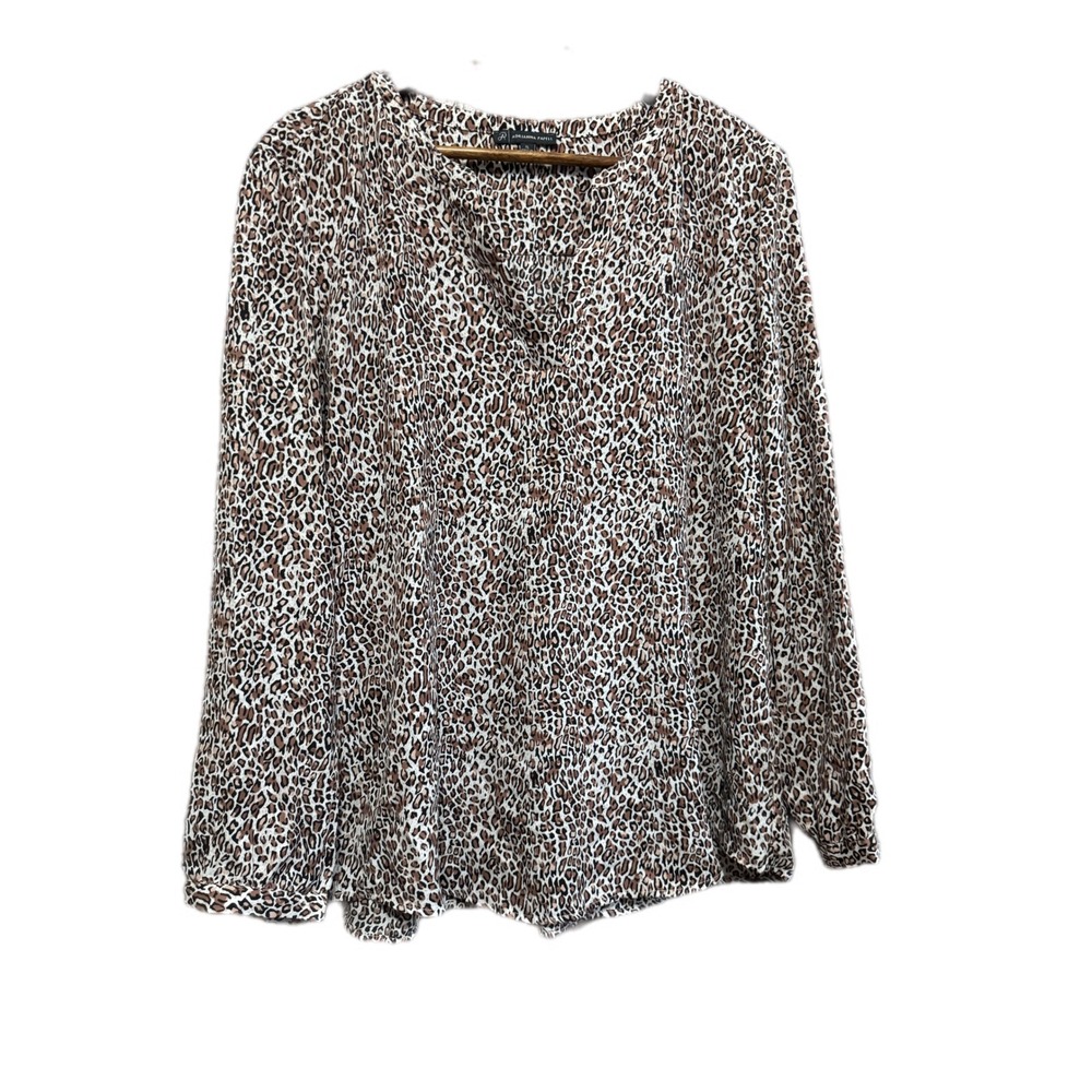 Adrianna Papell Blouse Womens XL Brown‎ Excellent Leopard Print Split Neck Top